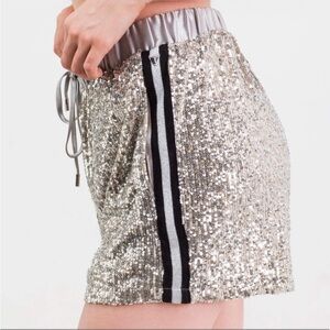 Guess Silver Sequin Shorts with Black Stripe XS